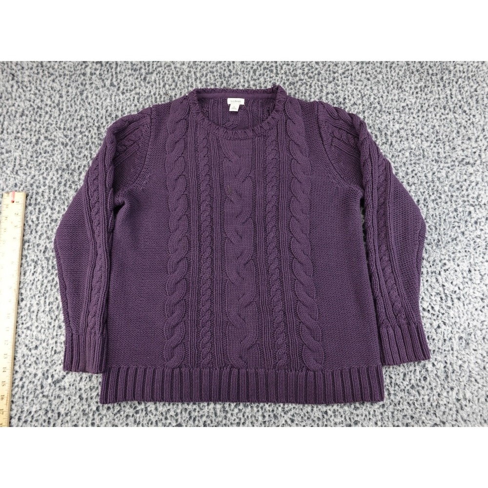 LL Bean Fisherman Sweater Womens L Petite‎ Purple Excellent Cotton Cable Knit